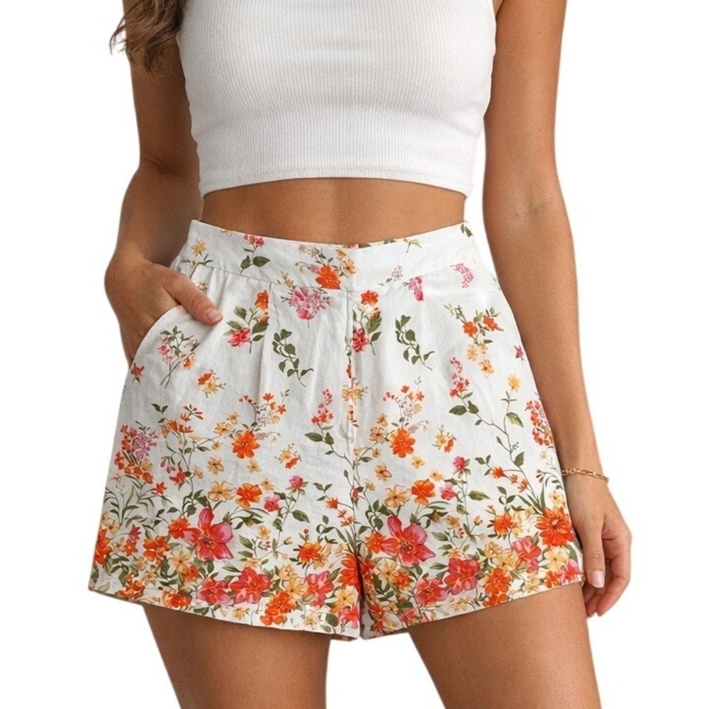 NWT Skies Are Blue Floral Linen Blend White Shorts Large Colorful High‎ Waisted
